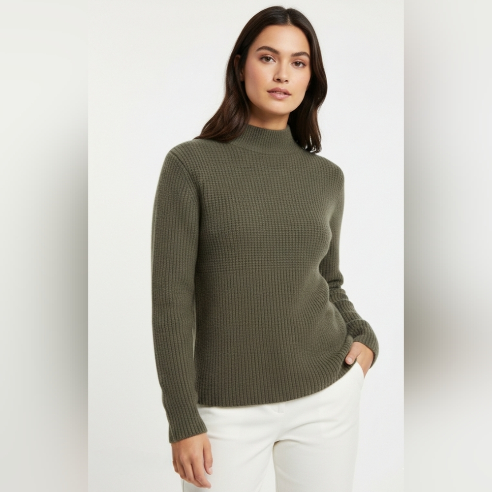 J.Crew 100% Cashmere Mock Neck Ribbed Sweater - Olive Green Like New  - Size S
